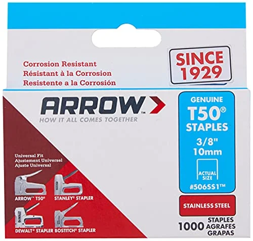 Arrow Fastener 506SS1 Heavy Duty T50 Stainless Steel Staples for Upholstery, Construction, Furniture, Crafts, 3/8-Inch Leg 3/8-Inch Crown Size