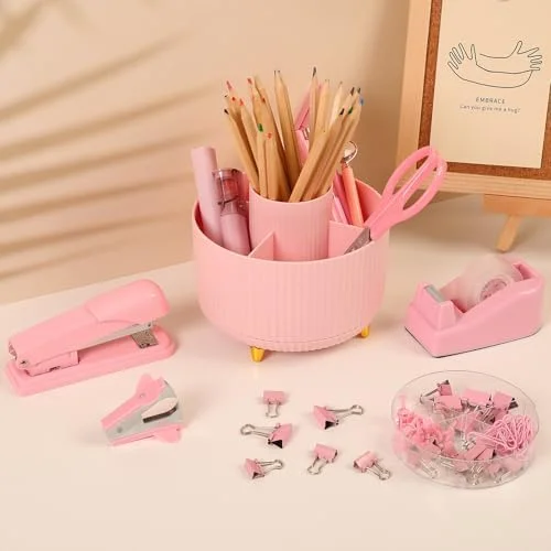 SKYDUE Pink Desk Accessories 10Pcs - Rotating Pen Holder for Desk, Stapler, Staple Remover, Tape Dispenser, 2pcs Tape Refills, Binder Paper Clips Kit