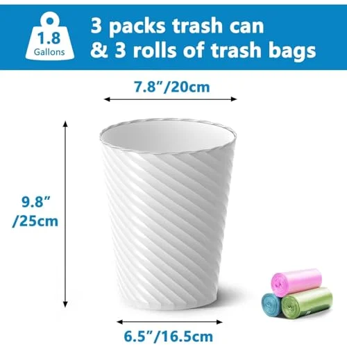 Bathroom Trash Can, 3 Pack 1.8 Gallons Small Trash Can with Trash Bags, Bathroom Garbage Can, Plastic Trash Bin, Round Waste Basket for Living Room