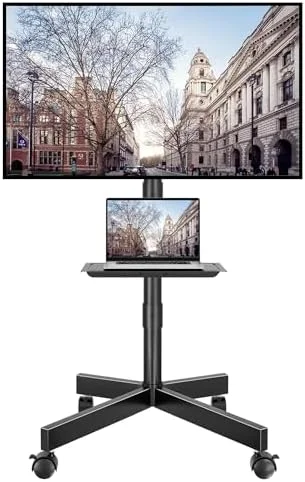 BONTEC Rolling TV Stand with Tilt - Mobile TV Stand Wheels for 23–65 Inch LED LCD TVs, Portable TV Cart with Adjustable Shelf for Living Room