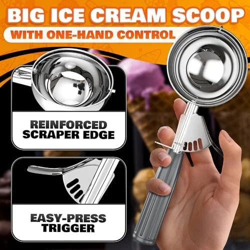 4 oz Large Ice Cream Scoop with Trigger Release #8 - Stainless Steel Cookie Scoop for Baking - Ice Cream & Cookie Dough, Comfort Grip Handle, Easy