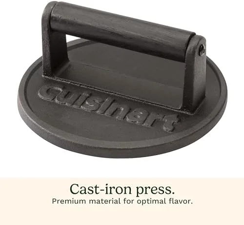 Cuisinart 6.5" Cast Iron Smashed Burger Press - Round Flat Edge Grill Press for Crispy Smash Burgers, Burger Tool for Grill and Griddle Accessories