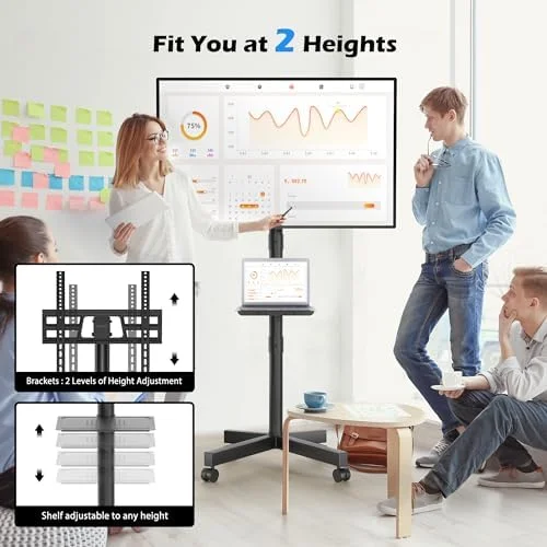 BONTEC Rolling TV Stand with Tilt - Mobile TV Stand Wheels for 23–65 Inch LED LCD TVs, Portable TV Cart with Adjustable Shelf for Living Room