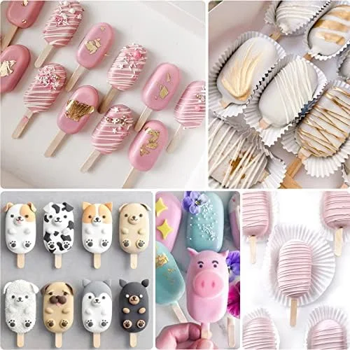 Sakolla 3 Pack Large Popsicle Molds 4 Cavities Cake Pop Silicone Molds Oval Ice Cream Cakesicle Molds for Homemade Ice Pop with 100 Wooden Sticks