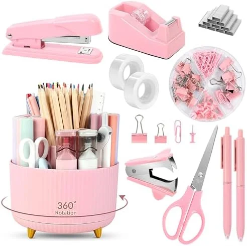 SKYDUE Pink Desk Accessories 10Pcs - Rotating Pen Holder for Desk, Stapler, Staple Remover, Tape Dispenser, 2pcs Tape Refills, Binder Paper Clips Kit