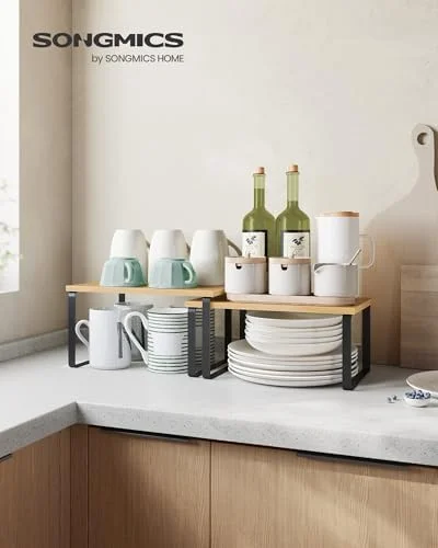 SONGMICS Cabinet Organizer Shelf - Set of 2 Kitchen Counter Shelves, Kitchen Storage, Spice Rack, Stackable, Expandable, Metal and Engineered Wood