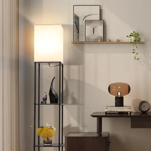 Gupuzm Floor Lamp with Shelves, Modern Square Standing Lamp with 3 Color Temperature Bulb, Corner Display Bookshelf Lamp for Living Room, Bedroom and