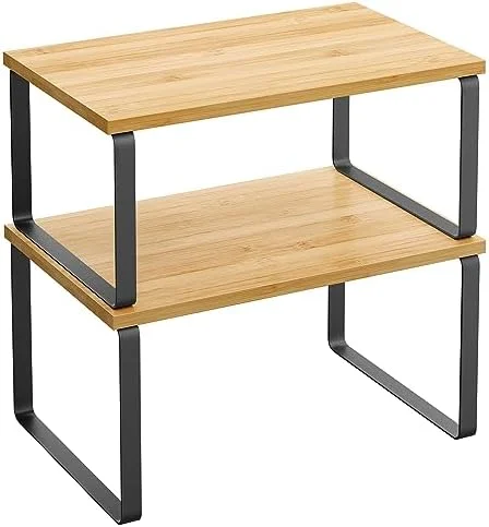 SONGMICS Cabinet Organizer Shelf - Set of 2 Kitchen Counter Shelves, Kitchen Storage, Spice Rack, Stackable, Expandable, Metal and Engineered Wood
