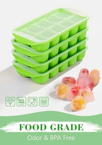DOQAUS Ice Cube Tray with Lid and Bin - 4 Pack Ice Bucket Kits - Stackable Silicone Ice Trays for Freezer, Easy Pop Out, BPA Free for Cocktail