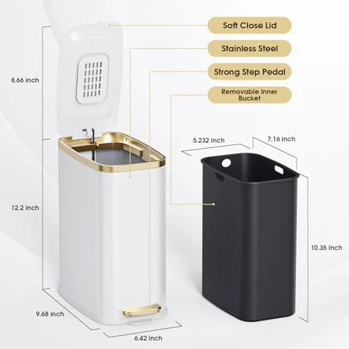 CEROELDA Small Bathroom Trash Can with Lid Soft Close-5L/1.3 Gal Stainless Steel Garbage Can-Step Pedal Wastebasket Slim Trash Bin for Office