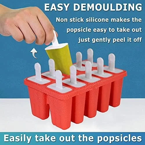 Silicone Popsicle Molds 10-cavity - DIY Ice Pop Mold for Kids Adult Teens, BPA Free Ice Cream Molds for Party Yogurt Juice Smoothies Sticks