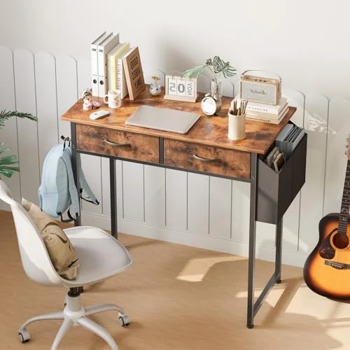 DUMOS 32" Home Office Computer Desk with Drawers - Small Gaming Writing Study Table with Storage Side Bag, Headphone Hook and Adjustable Feet for