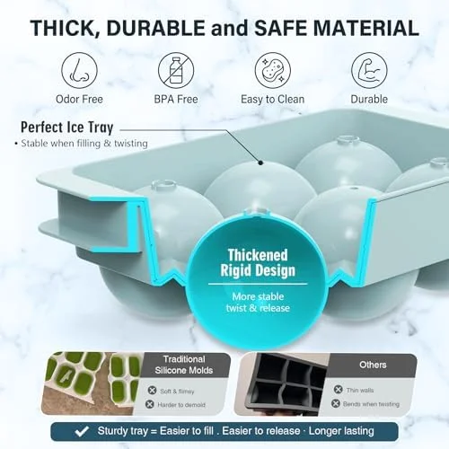 WIBIMEN Large Ice Cube Molds, Big Round Whiskey Ice Cube Trays for Freezer, Easy to Fill & Release, Whiskey Bourbon Cocktail(1.9In*6 Balls- Blue/2