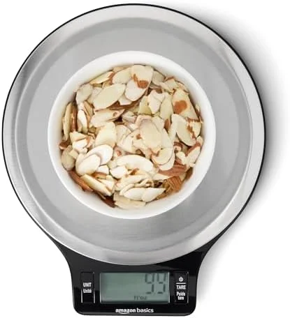 Amazon Basics Digital Kitchen Scale with LCD Display - Tare Function, Multiple Units, Weighs up to 11 Pounds, Batteries Included, Black and Stainless